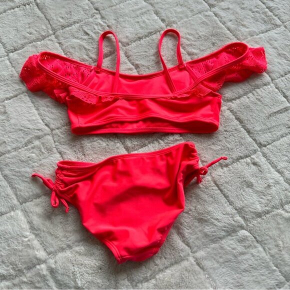 Xhilaration | Neon Coral Lace Ruffle Bikini Swimsuit Set | Size Medium (7/8) - Picture 3 of 8